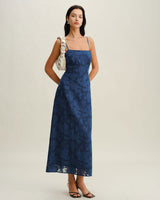 Navy Jacquard Slip Backless Maxi Dress - Threadford