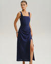 Navy Ruched Slit Slip Maxi Dress - Threadford