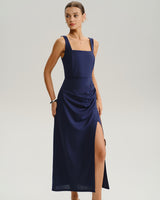 Navy Ruched Slit Slip Maxi Dress - Threadford