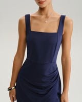 Navy Ruched Slit Slip Maxi Dress - Threadford