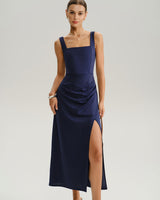 Navy Ruched Slit Slip Maxi Dress - Threadford