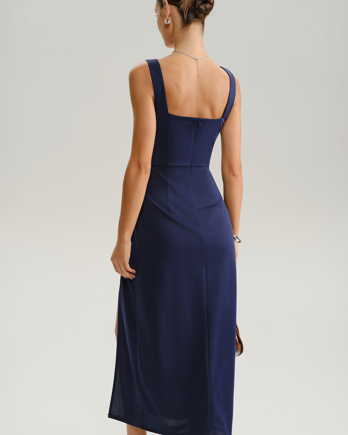 Navy Ruched Slit Slip Maxi Dress - Threadford