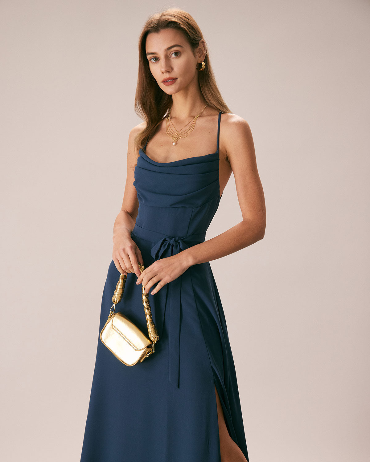 The Navy Cowl Neck Cutout Back Maxi Dress - Threadford