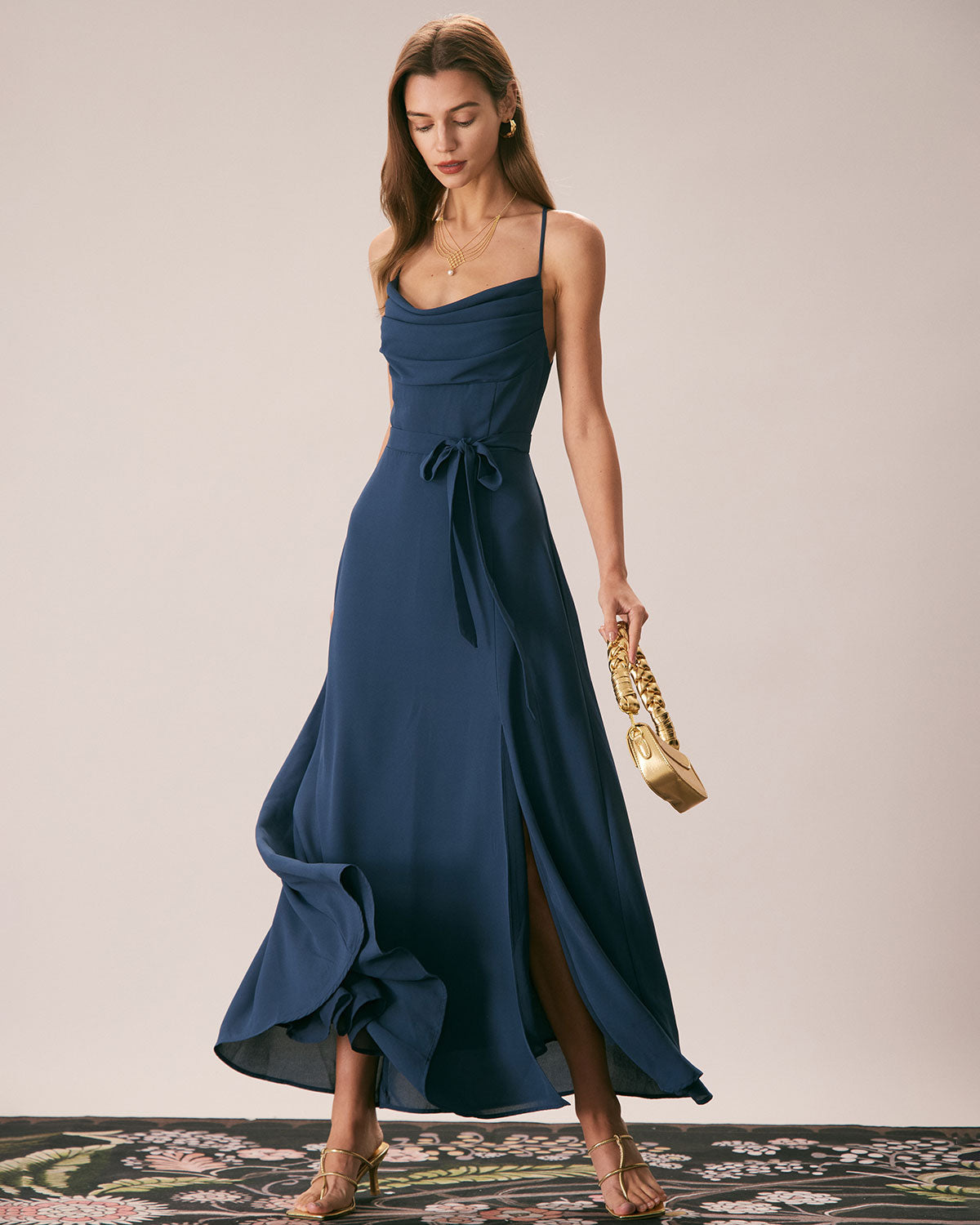 The Navy Cowl Neck Cutout Back Maxi Dress - Threadford
