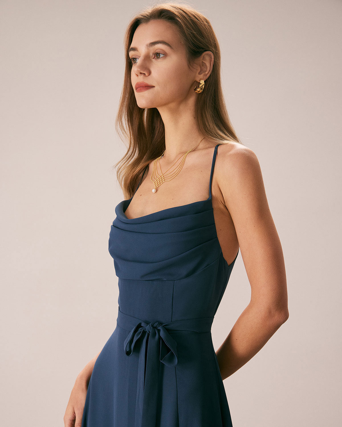 The Navy Cowl Neck Cutout Back Maxi Dress - Threadford