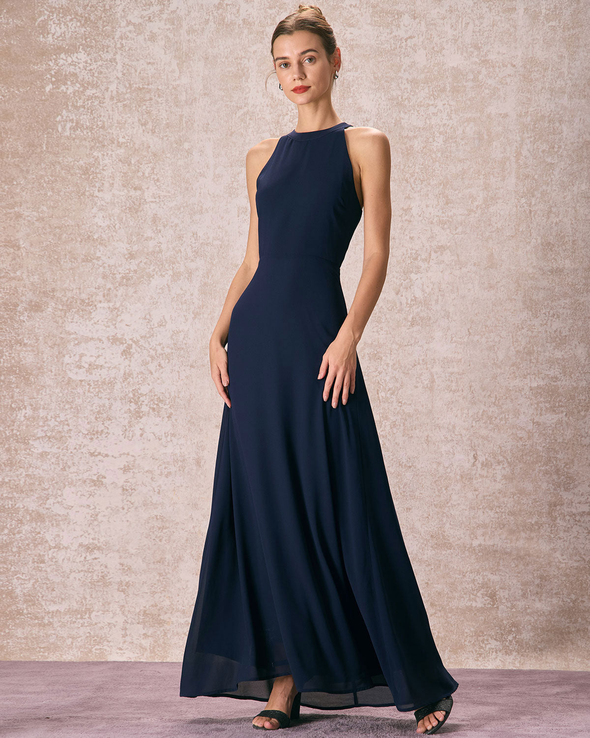 The Navy Halter Bowknot Back Maxi Dress - Threadford