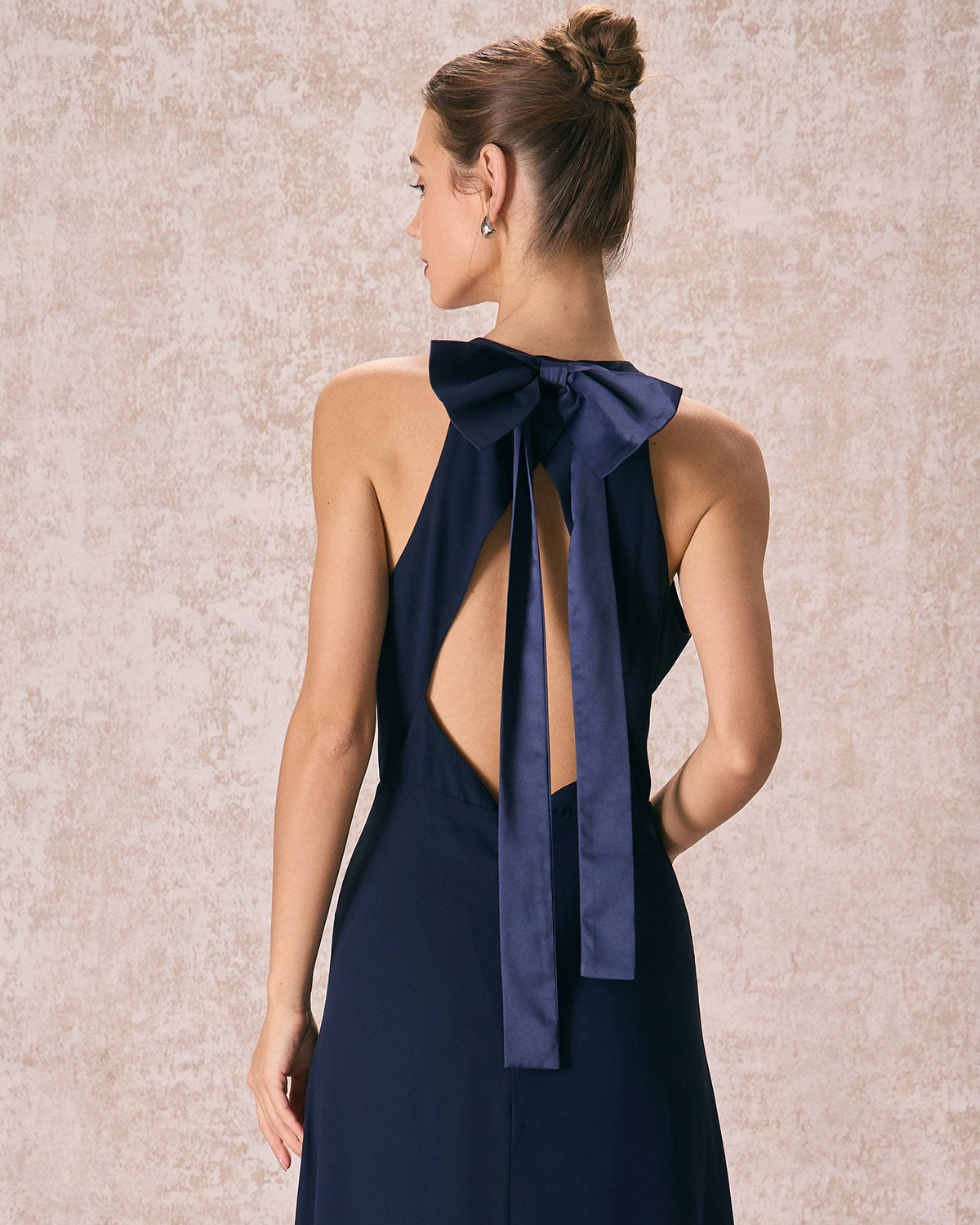 The Navy Halter Bowknot Back Maxi Dress - Threadford