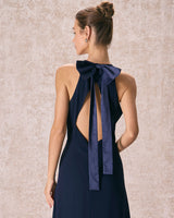 The Navy Halter Bowknot Back Maxi Dress - Threadford