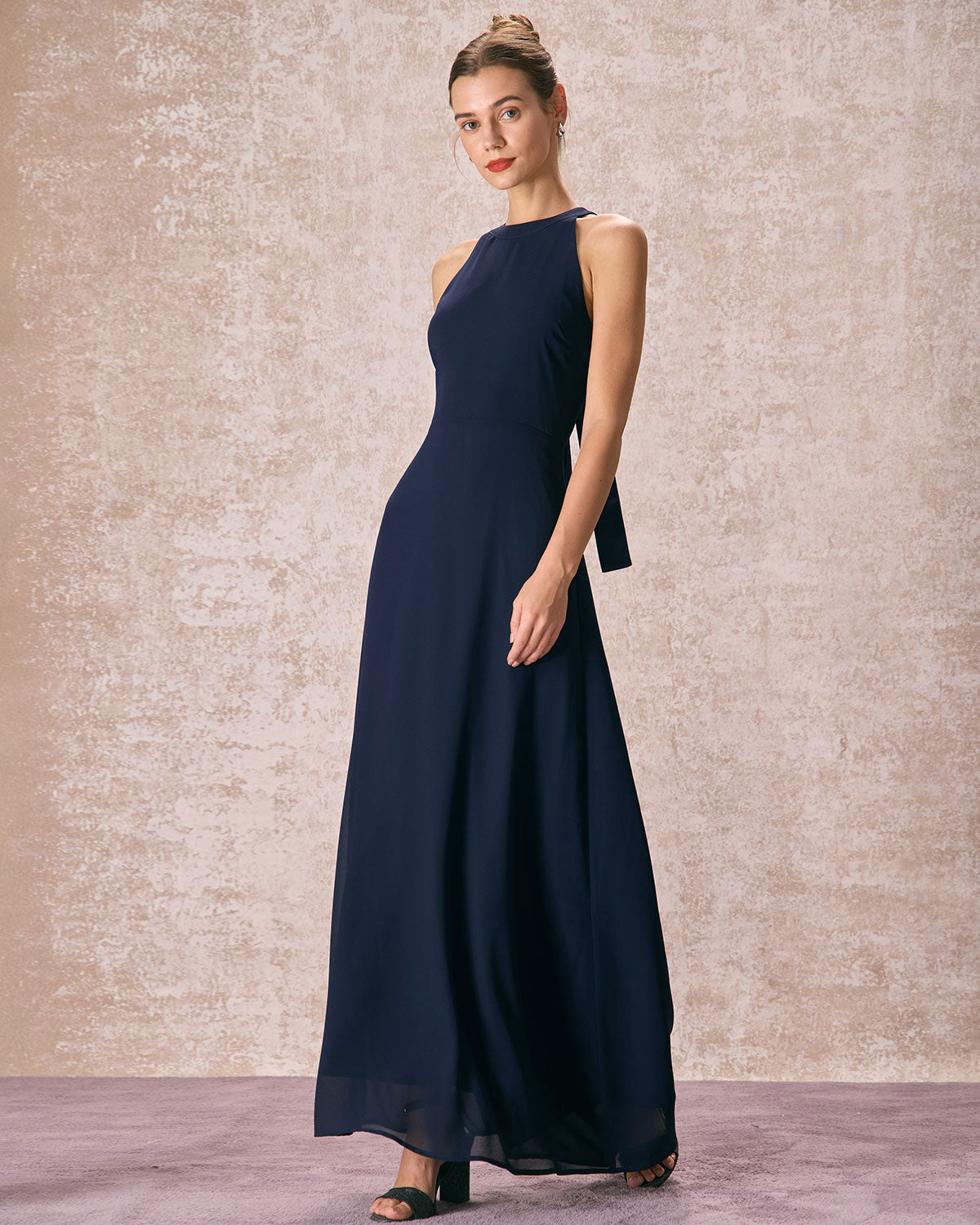 The Navy Halter Bowknot Back Maxi Dress - Threadford
