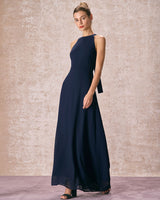 The Navy Halter Bowknot Back Maxi Dress - Threadford