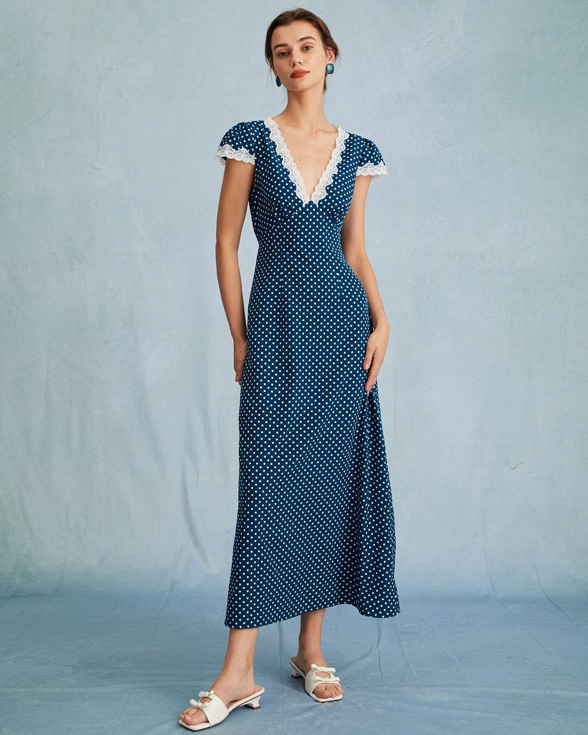 The Navy V Neck Polka Dot Lace Ruched Maxi Dress - Threadford