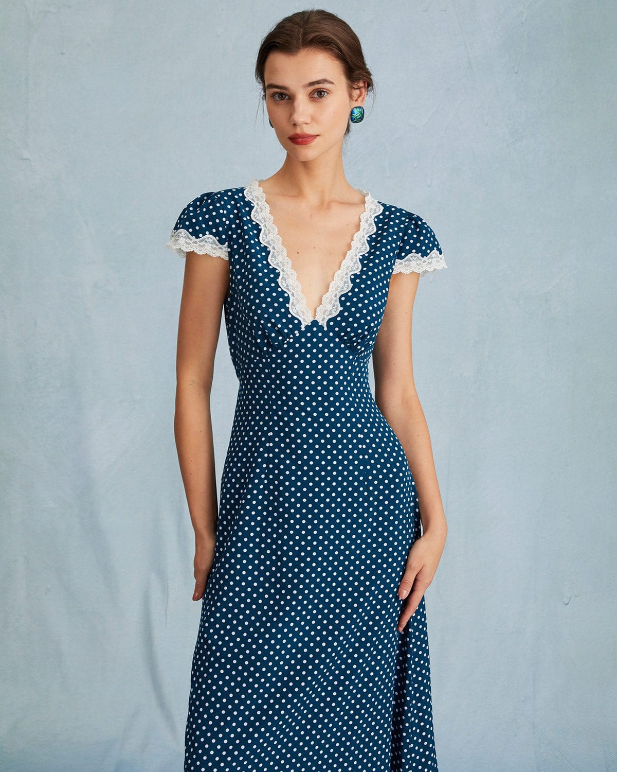 The Navy V Neck Polka Dot Lace Ruched Maxi Dress - Threadford