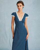 The Navy V Neck Polka Dot Lace Ruched Maxi Dress - Threadford