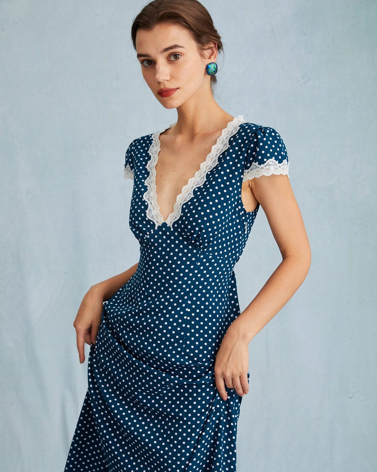The Navy V Neck Polka Dot Lace Ruched Maxi Dress - Threadford