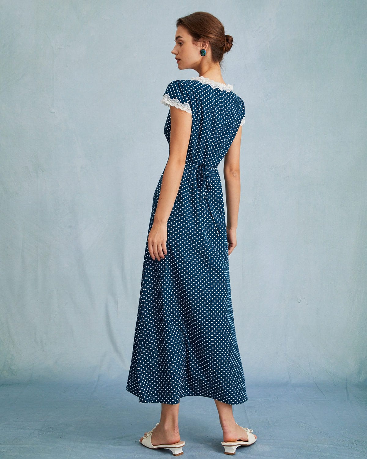 The Navy V Neck Polka Dot Lace Ruched Maxi Dress - Threadford