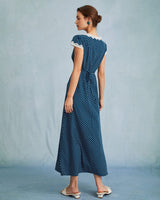 The Navy V Neck Polka Dot Lace Ruched Maxi Dress - Threadford