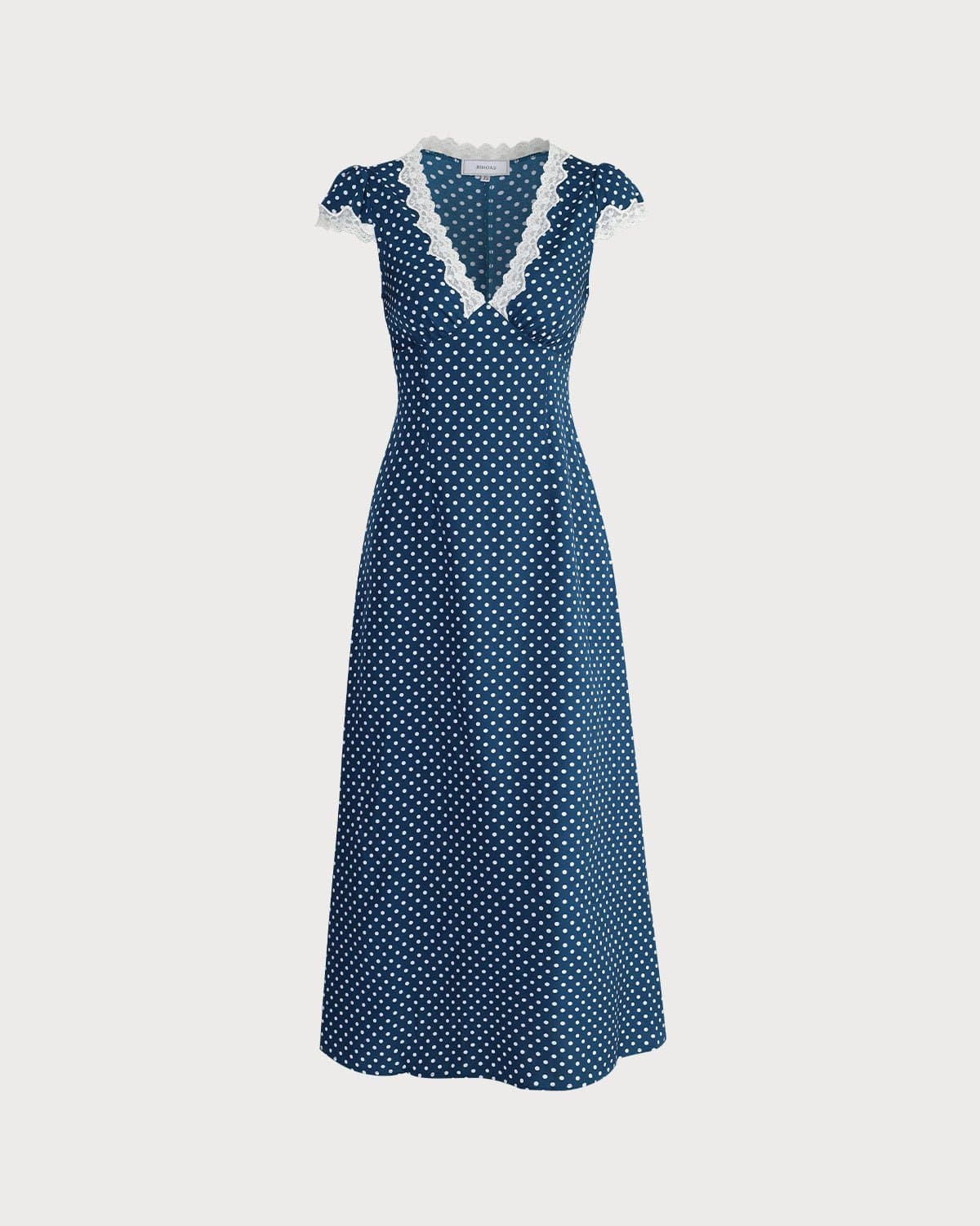 The Navy V Neck Polka Dot Lace Ruched Maxi Dress - Threadford