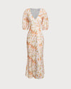 Orange Floral V-Neck Puffed Sleeve Maxi Dress - Threadford