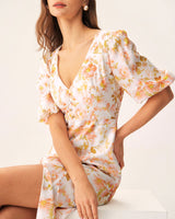 Orange Floral V-Neck Puffed Sleeve Maxi Dress - Threadford