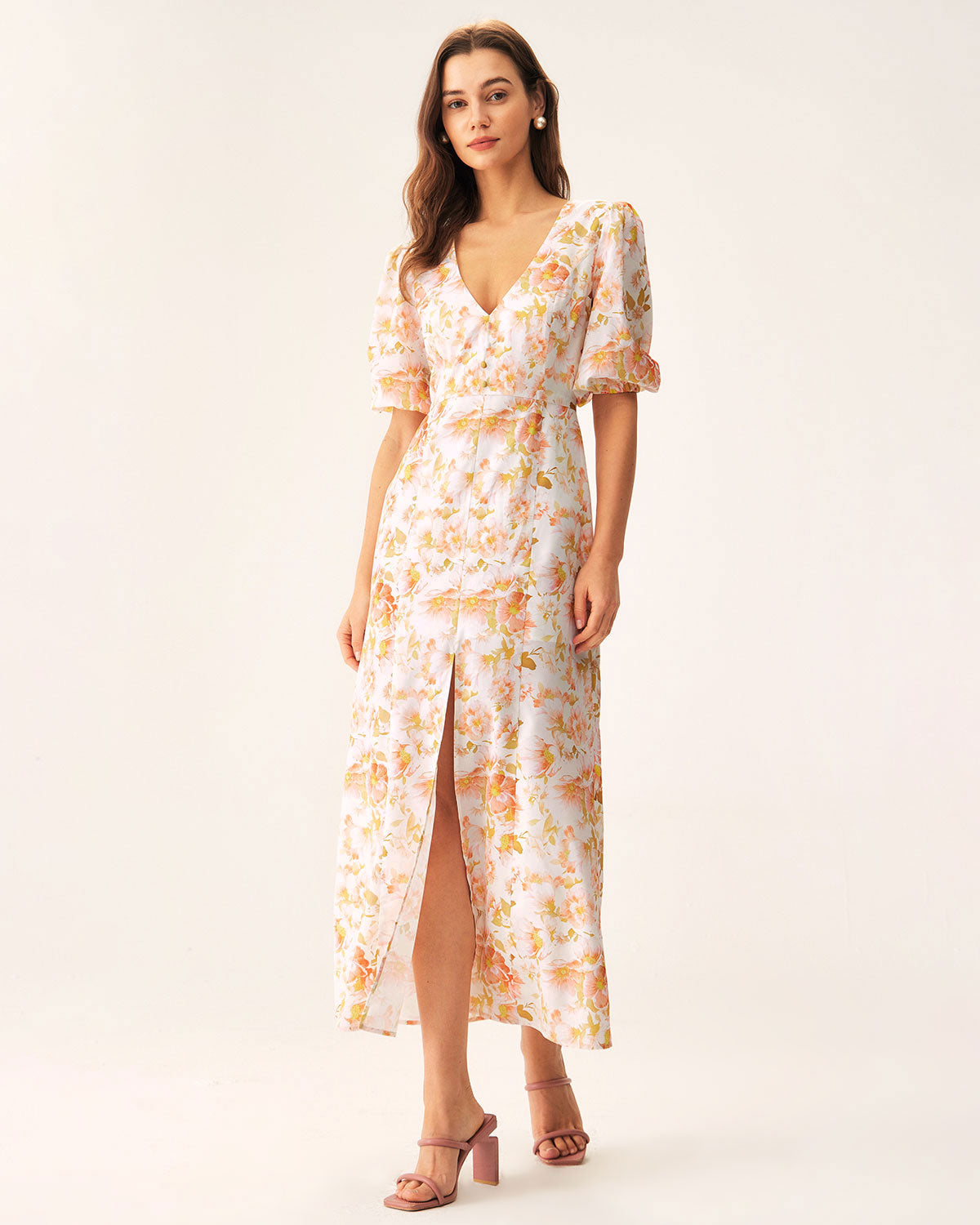 Orange Floral V-Neck Puffed Sleeve Maxi Dress - Threadford