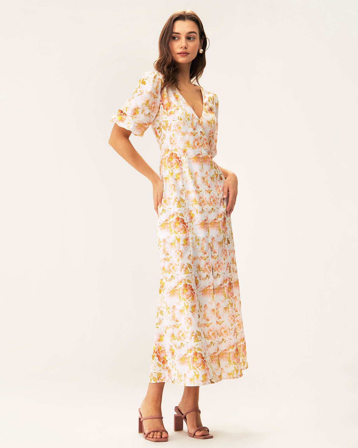 Orange Floral V-Neck Puffed Sleeve Maxi Dress - Threadford