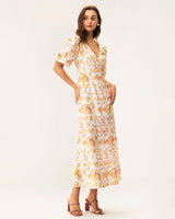 Orange Floral V-Neck Puffed Sleeve Maxi Dress - Threadford