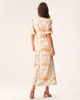 Orange Floral V-Neck Puffed Sleeve Maxi Dress - Threadford