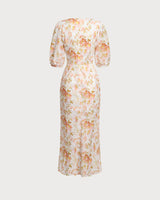 Orange Floral V-Neck Puffed Sleeve Maxi Dress - Threadford