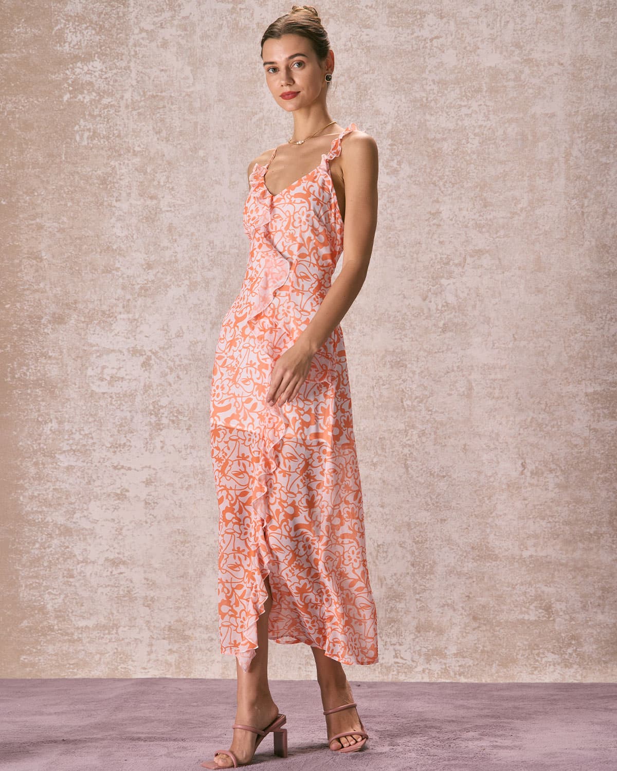 The Orange V Neck Floral Ruffle Maxi Dress - Threadford