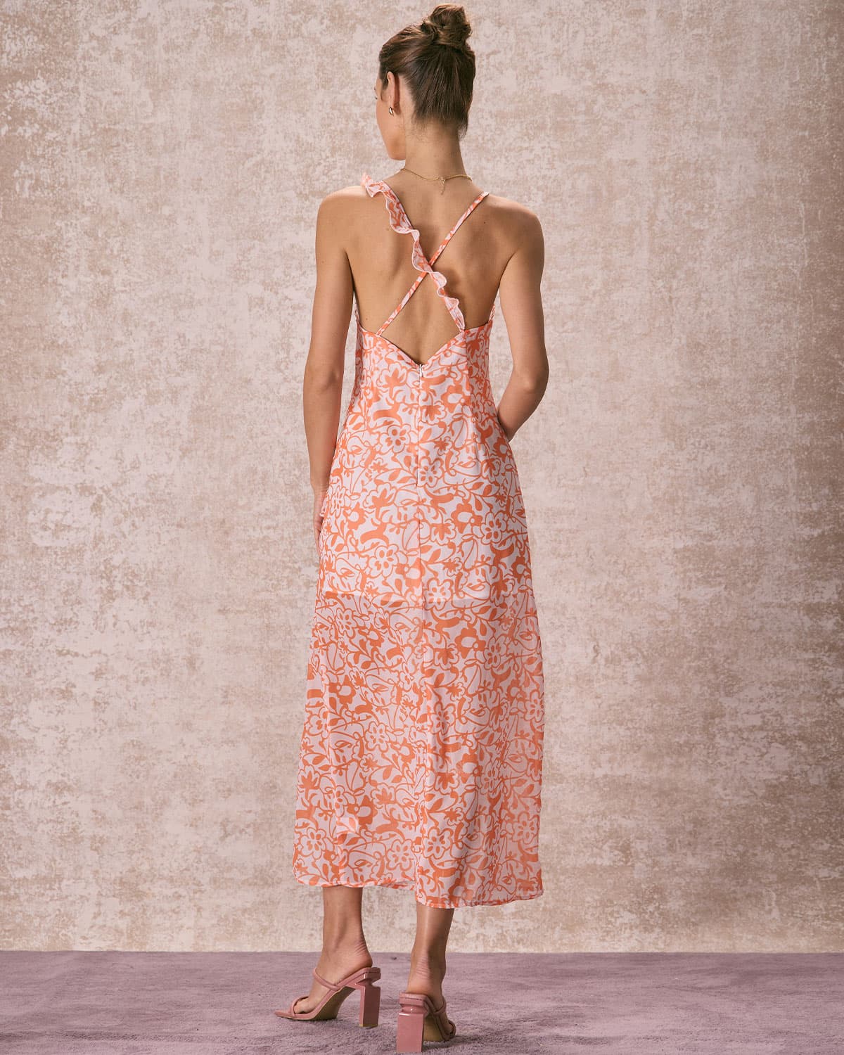 The Orange V Neck Floral Ruffle Maxi Dress - Threadford