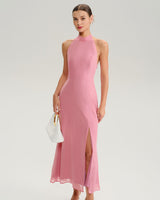 Pink Mock Neck Backless Maxi Dress - Threadford