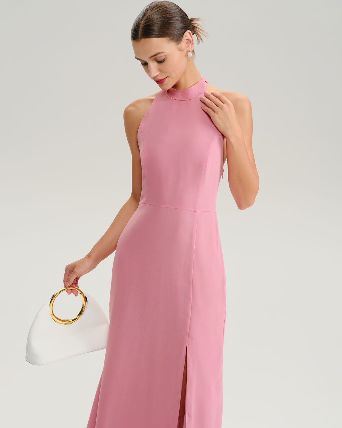 Pink Mock Neck Backless Maxi Dress - Threadford