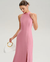 Pink Mock Neck Backless Maxi Dress - Threadford