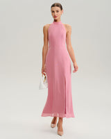 Pink Mock Neck Backless Maxi Dress - Threadford
