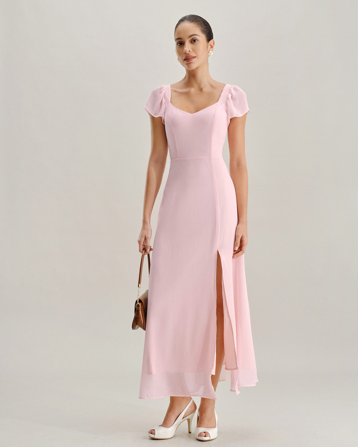 Pink Sweetheart Neck Chiffon Maxi Dress - Threadford