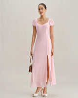 Pink Sweetheart Neck Chiffon Maxi Dress - Threadford