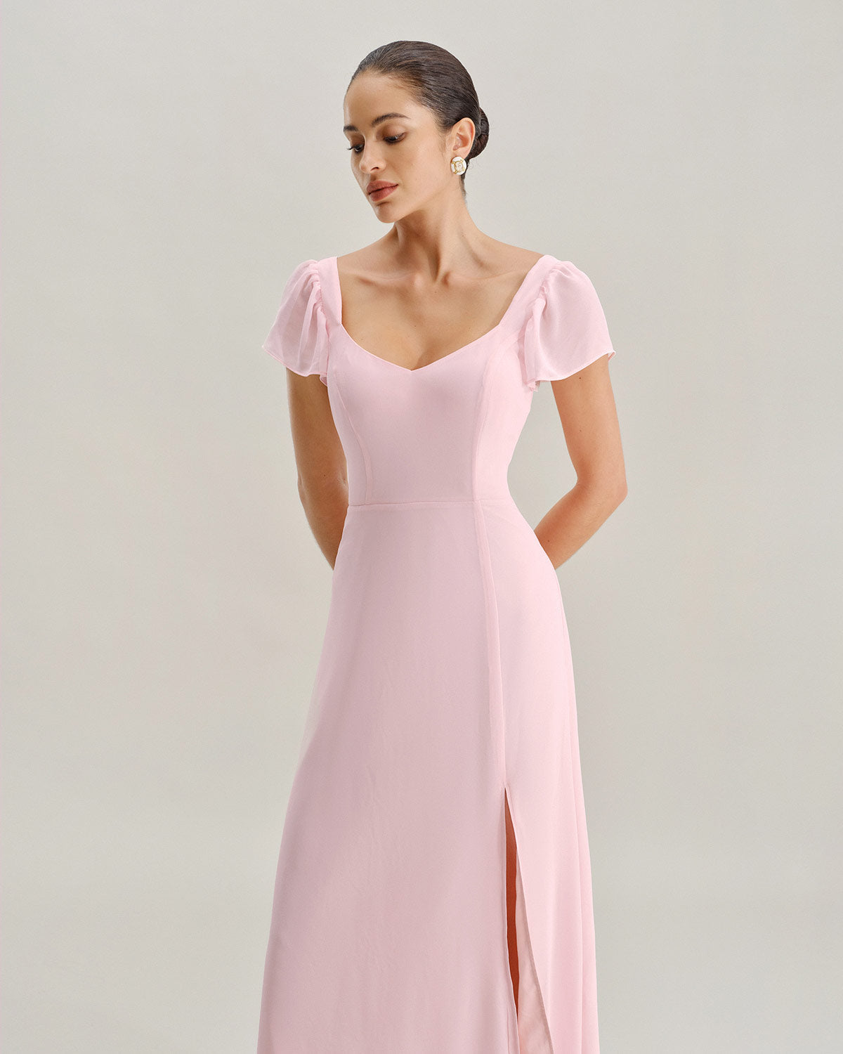 Pink Sweetheart Neck Chiffon Maxi Dress - Threadford