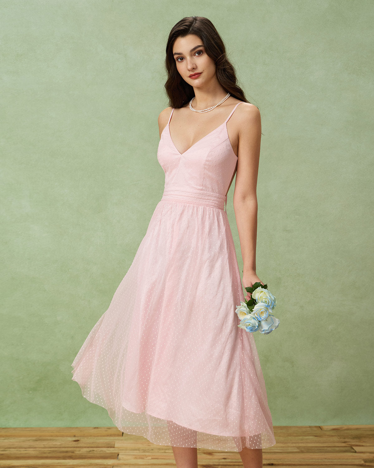 Pink V Neck Backless Slip Midi Dress - Threadford