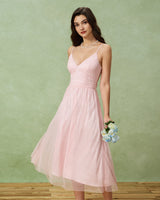 Pink V Neck Backless Slip Midi Dress - Threadford