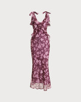 Purple Floral Ruffle Tie Strap Maxi Dress - Threadford