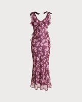 Purple Floral Ruffle Tie Strap Maxi Dress - Threadford