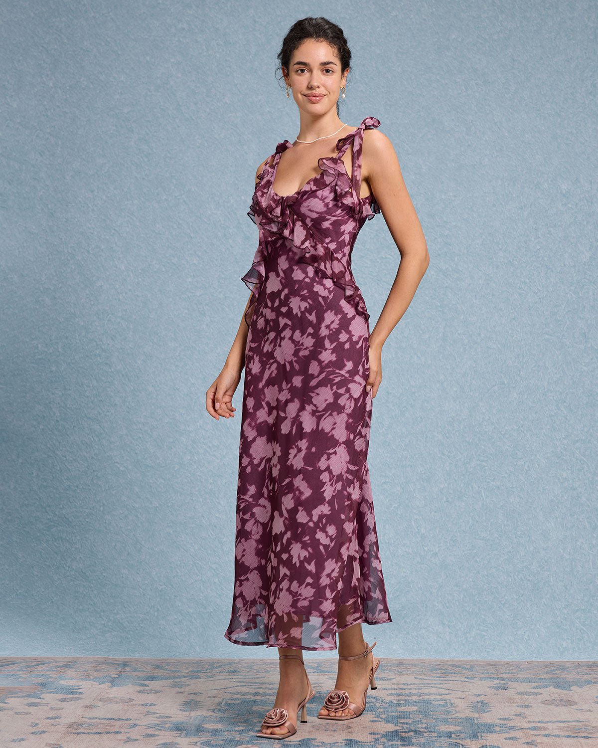Purple Floral Ruffle Tie Strap Maxi Dress - Threadford