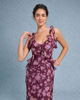 Purple Floral Ruffle Tie Strap Maxi Dress - Threadford