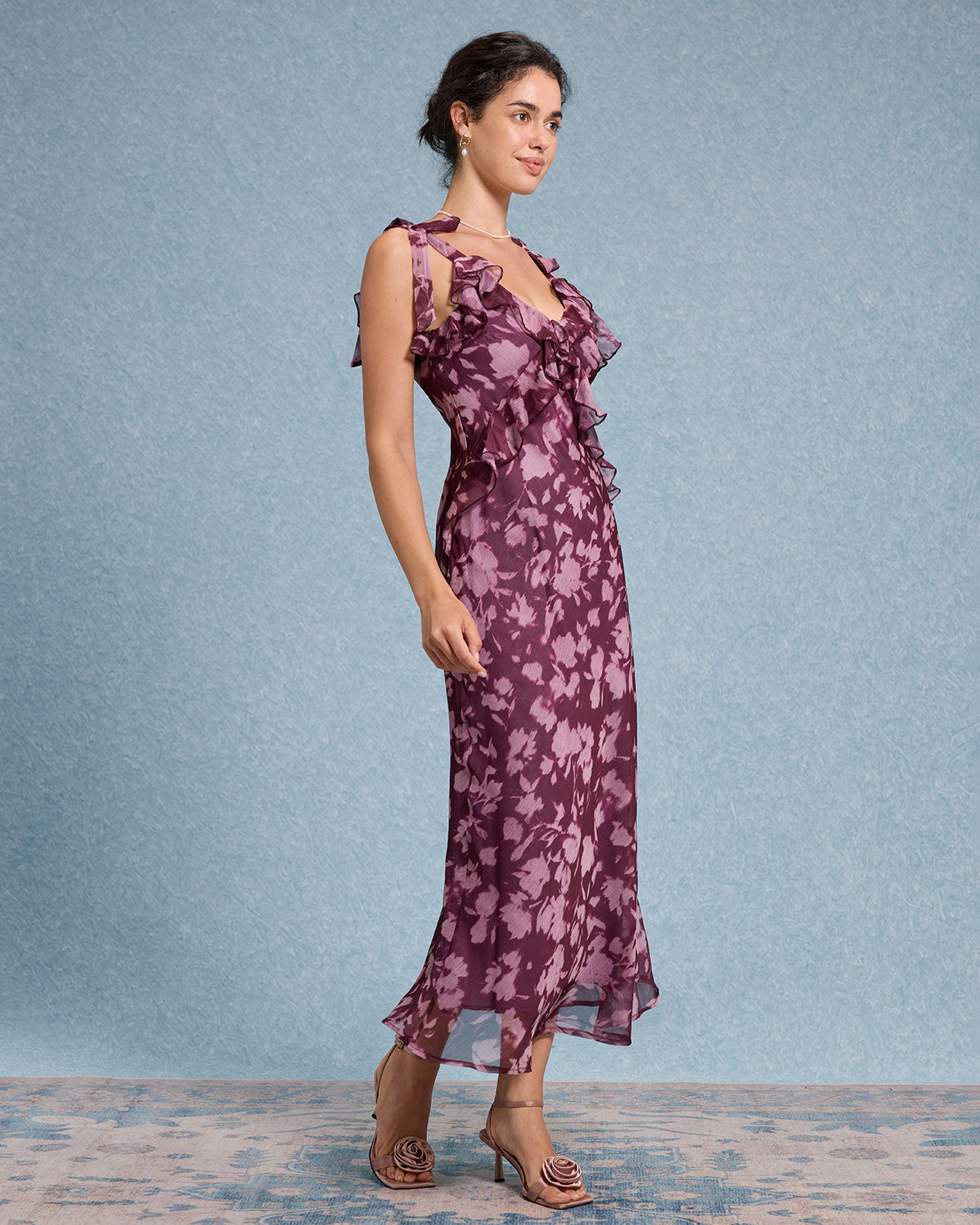 Purple Floral Ruffle Tie Strap Maxi Dress - Threadford
