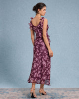 Purple Floral Ruffle Tie Strap Maxi Dress - Threadford