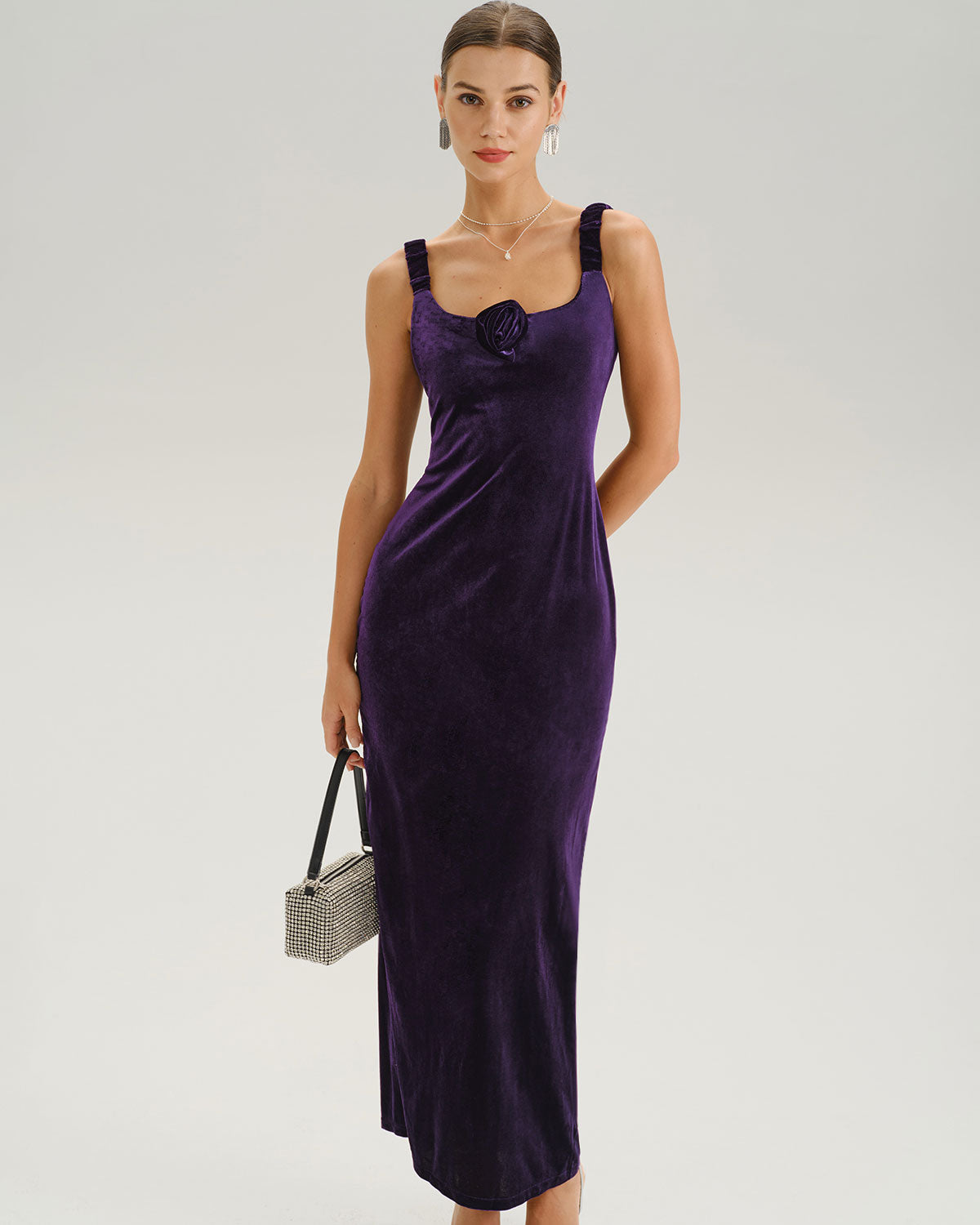 Purple U Neck Bodycon Velvet Maxi Dress - Threadford