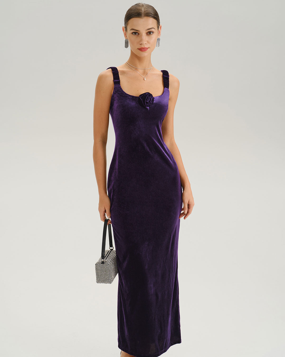 Purple U Neck Bodycon Velvet Maxi Dress - Threadford