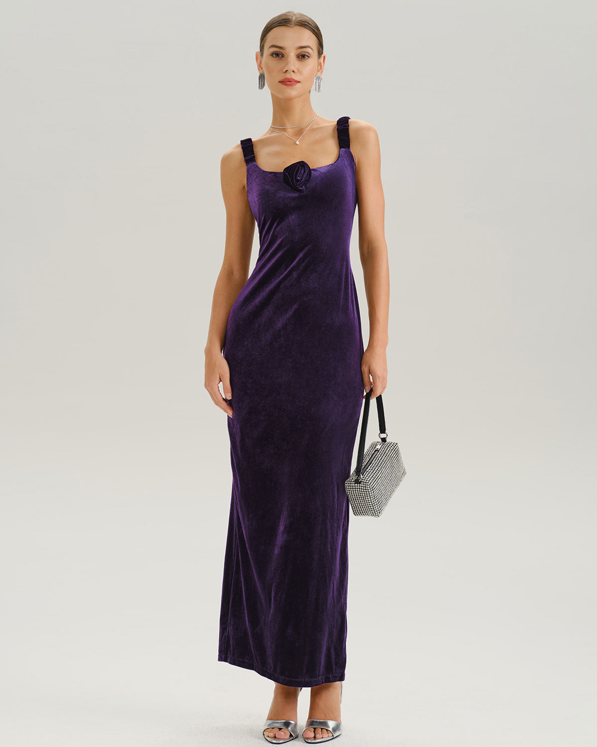 Purple U Neck Bodycon Velvet Maxi Dress - Threadford