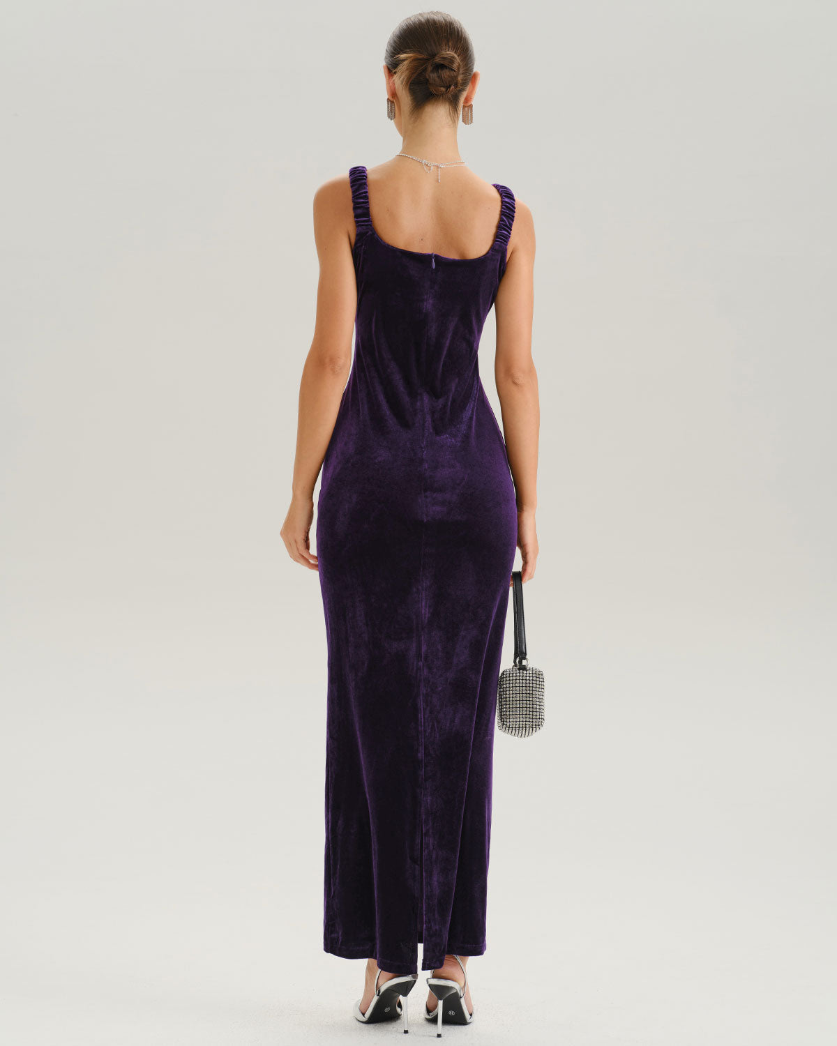 Purple U Neck Bodycon Velvet Maxi Dress - Threadford