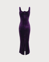 Purple U Neck Bodycon Velvet Maxi Dress - Threadford